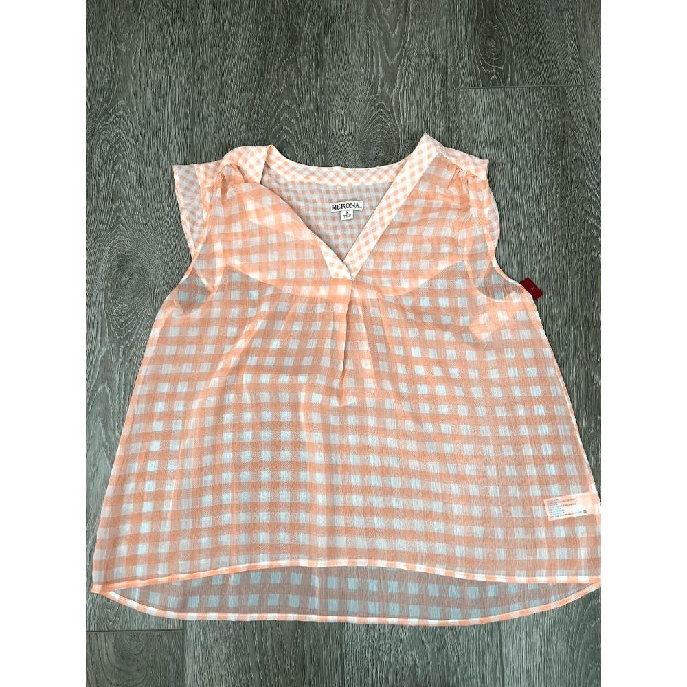NWT Merona Orange White Gingham‎ Cap Sleeve Top Sheer Size Small